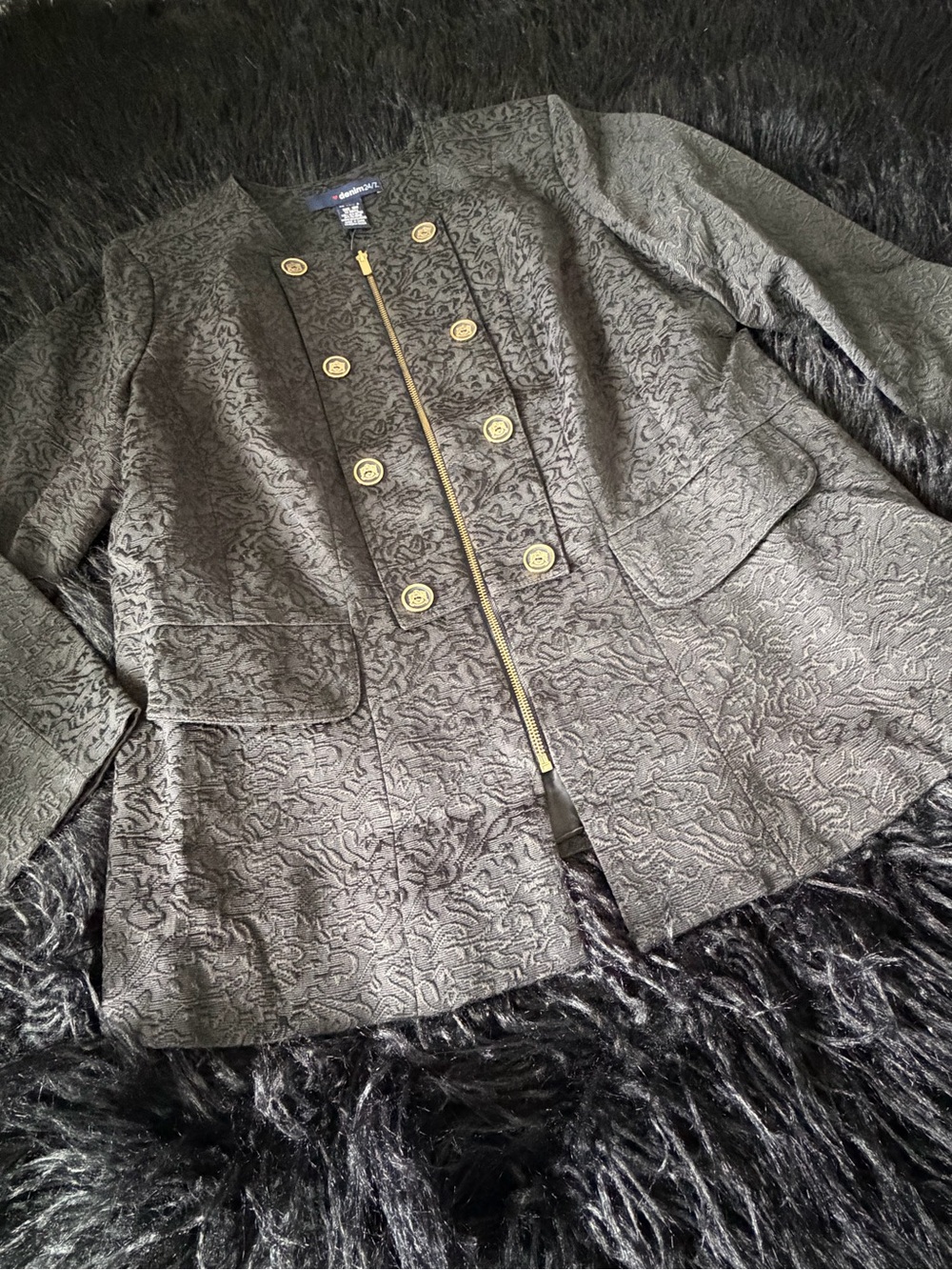 Denim 24/7 Black Textured Military-Style Blazer with Gold Buttons